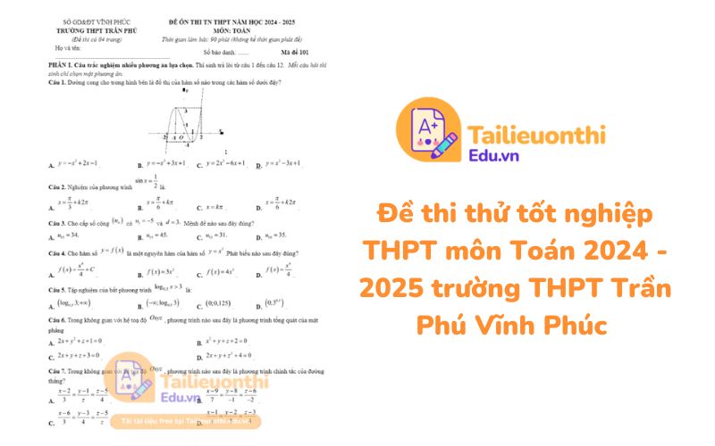 Đề thi thử tốt nghiệp THPT môn Toán 2024 - 2025 trường THPT Trần Phú Vĩnh Phúc